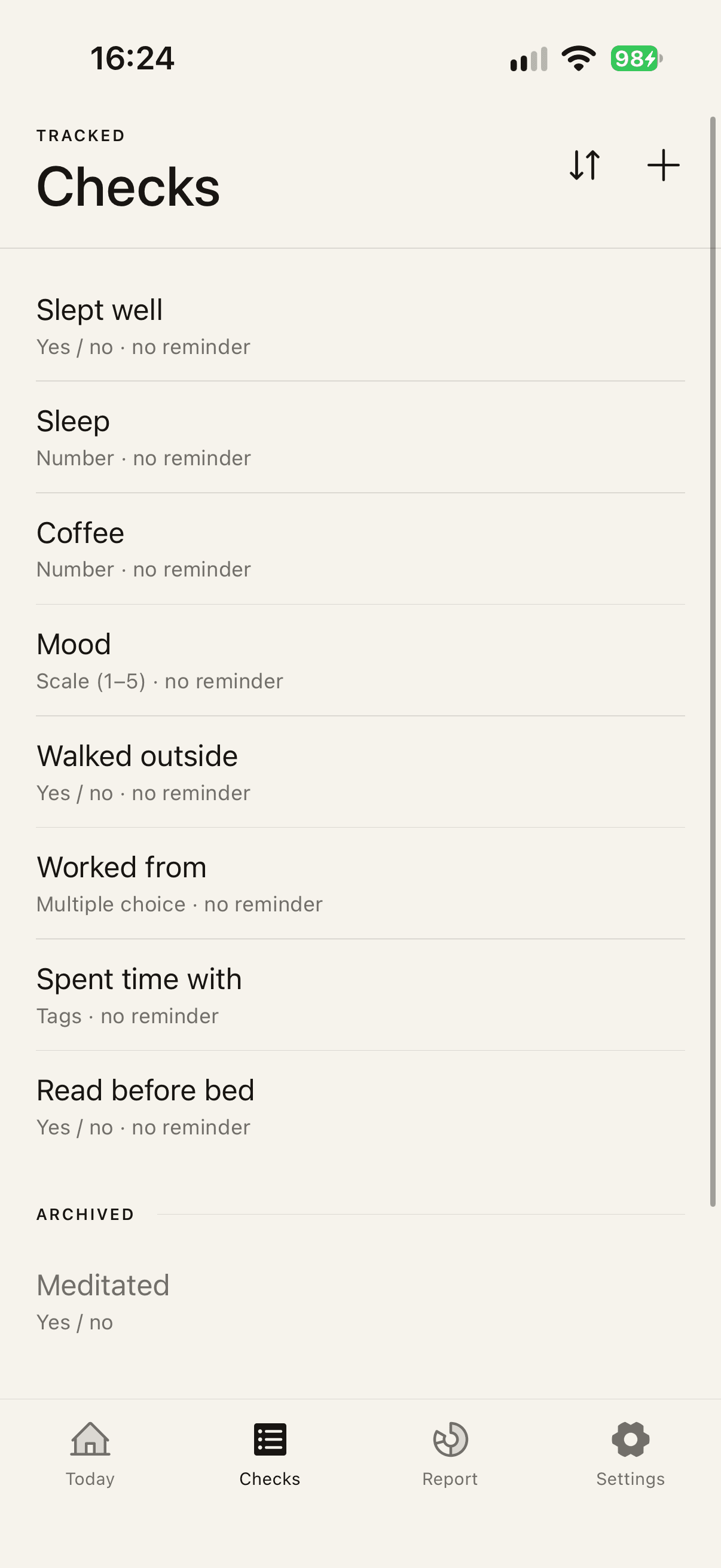 The Checks list: Slept well, Sleep, Coffee, Mood, Walked outside, and more, each with its answer type.